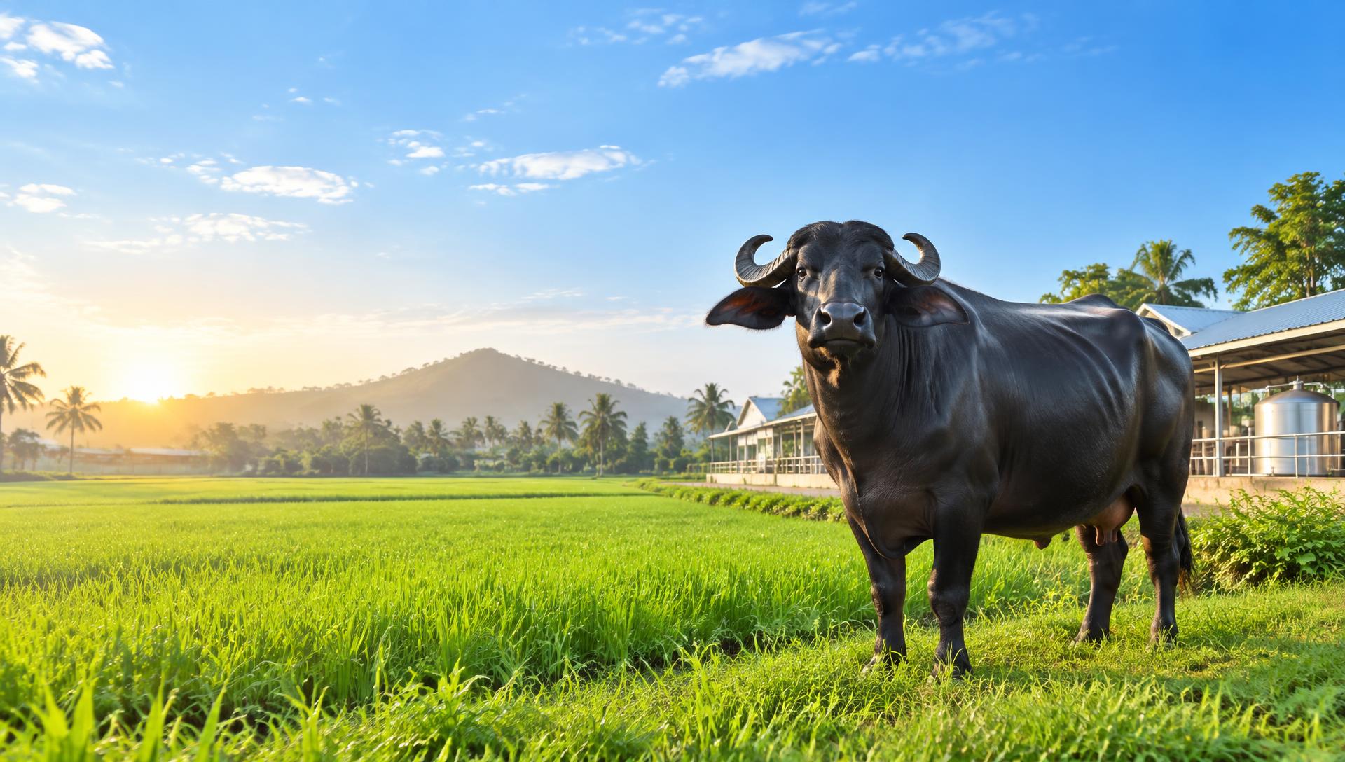 Murrah buffalo at the VBR dairy farm among green fields