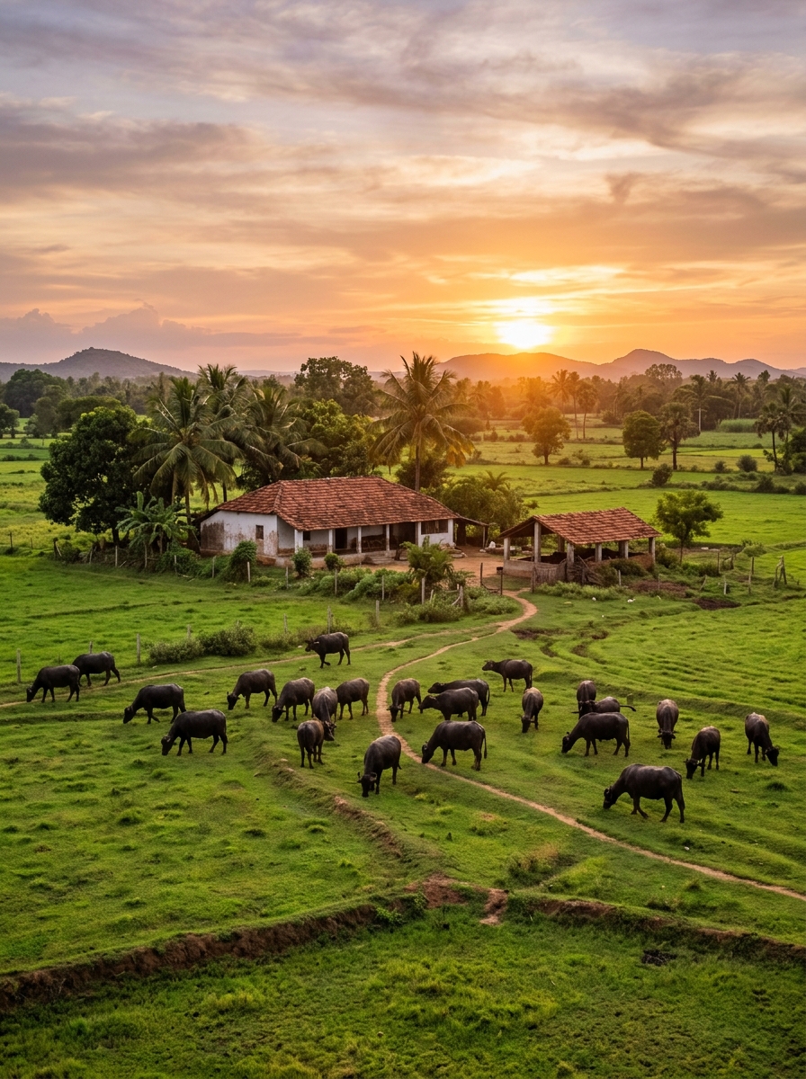 VBR Barns dairy farm in Didugu at golden hour - the founder's vision